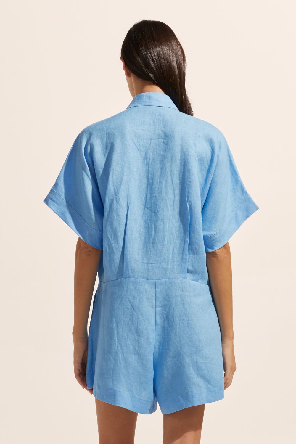 blue, jumpsuit, button down collar, oversized patch pockets, back view
