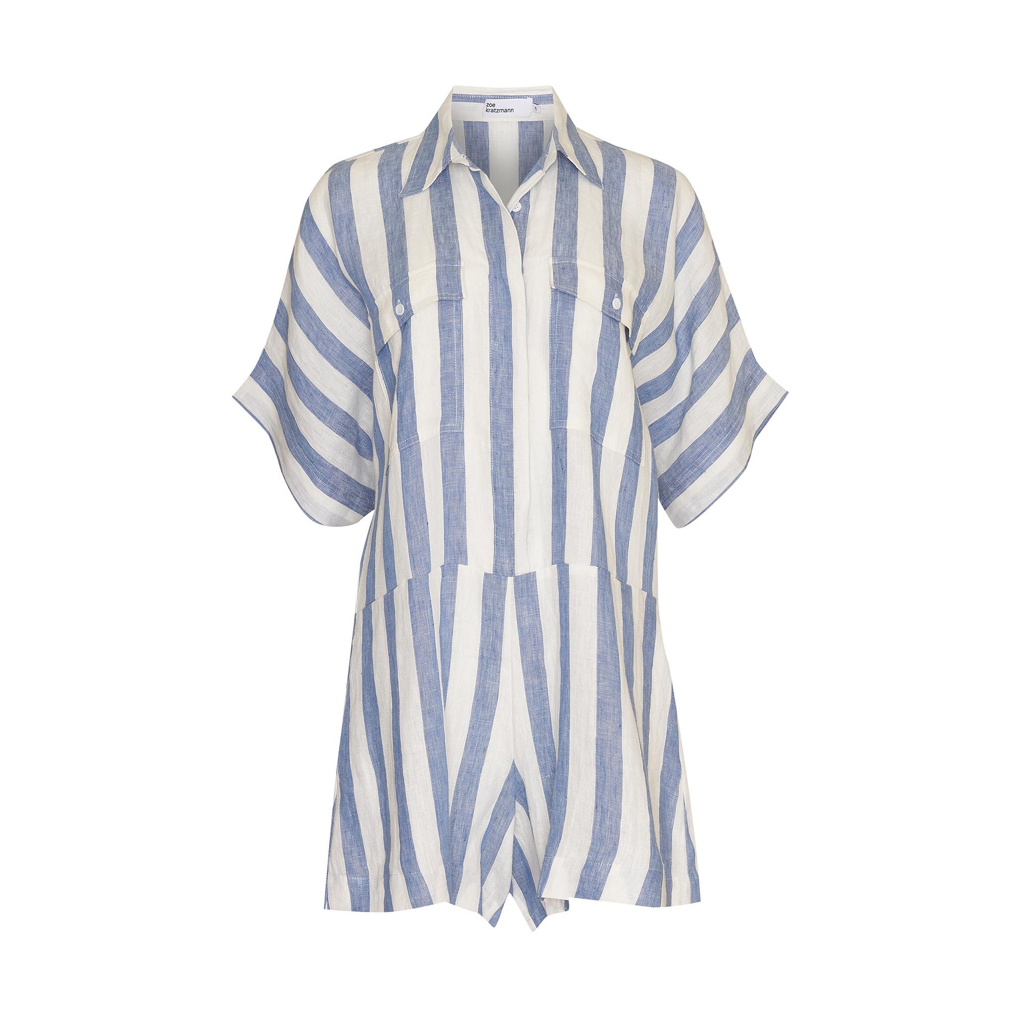blue and white stripe, jumpsuit, button down collar, oversized patch pockets, product image