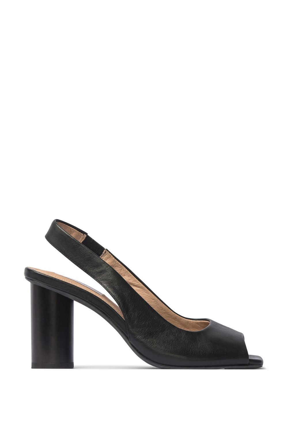 black, heel, squared toe shape, slingback strap, wooden heel, product side image
