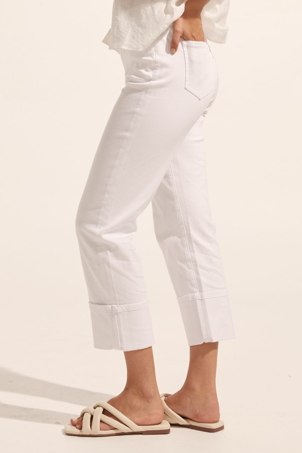 white, pant, cuffed jeans, mid rise jean, straight cut, side image