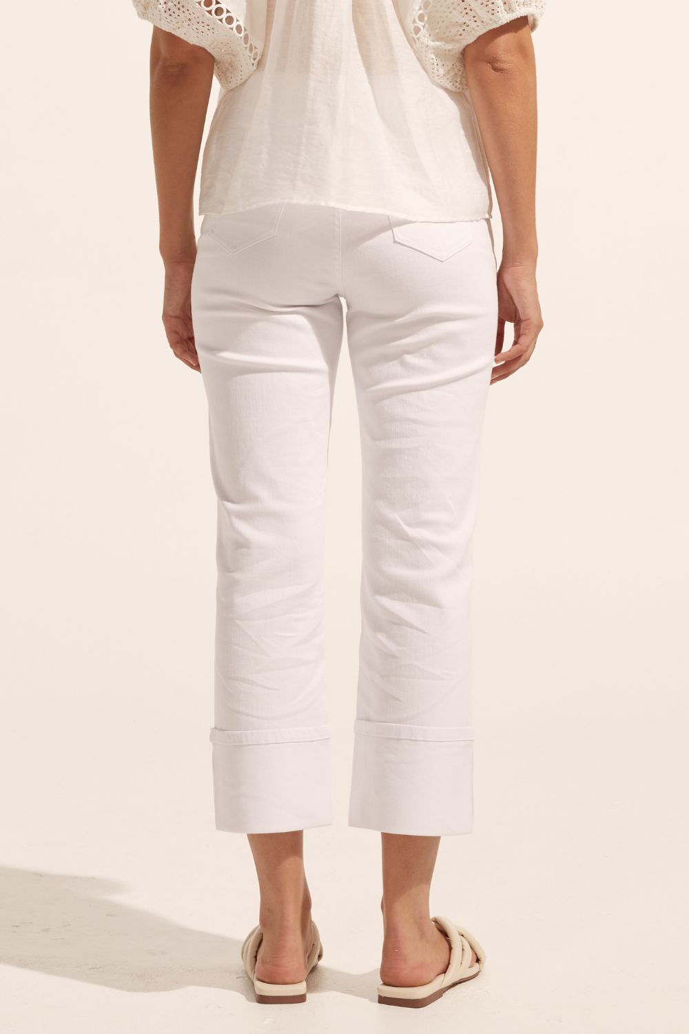 white, pant, cuffed jeans, mid rise jean, straight cut, back image