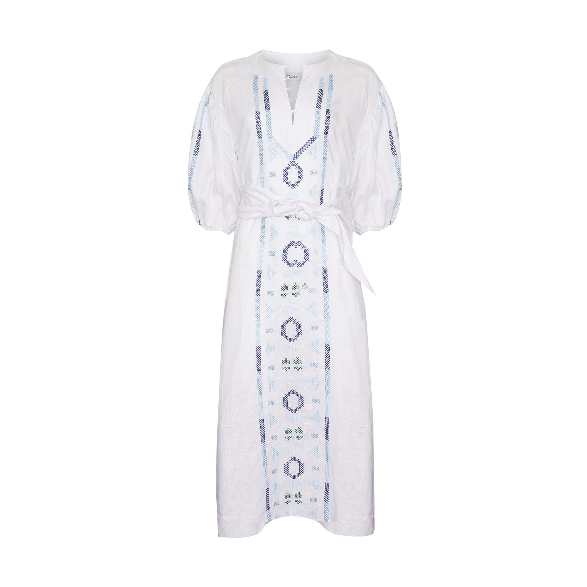 white and blue, maxi dress, embroidery, mid length sleeve, self tie fabric belt, product image