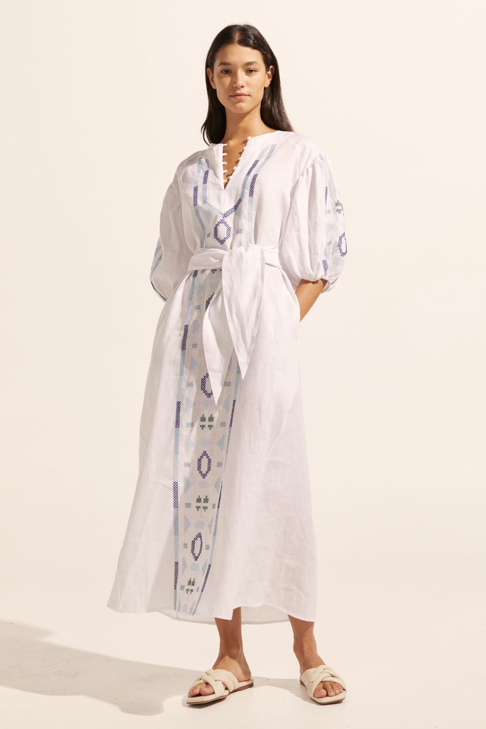 white and blue, maxi dress, embroidery, mid length sleeve, self tie fabric belt, front view