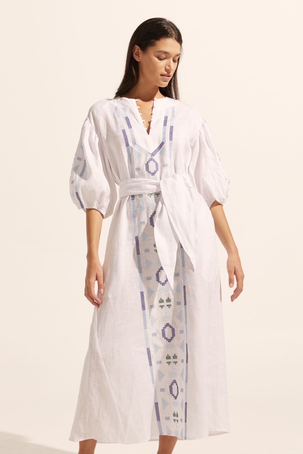 white and blue, maxi dress, embroidery, mid length sleeve, self tie fabric belt, front view image