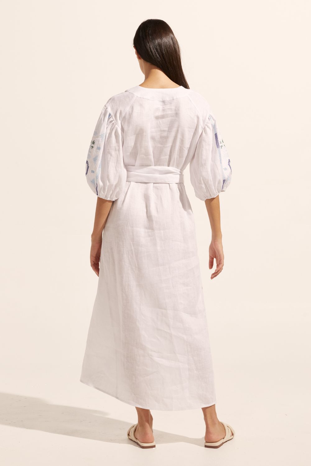 white and blue, maxi dress, embroidery, mid length sleeve, self tie fabric belt, back view image