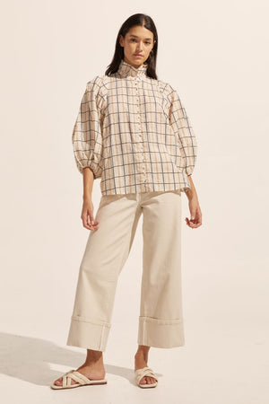 cream, pant, wide leg, deep cuff at hem, denim, high waist, front image