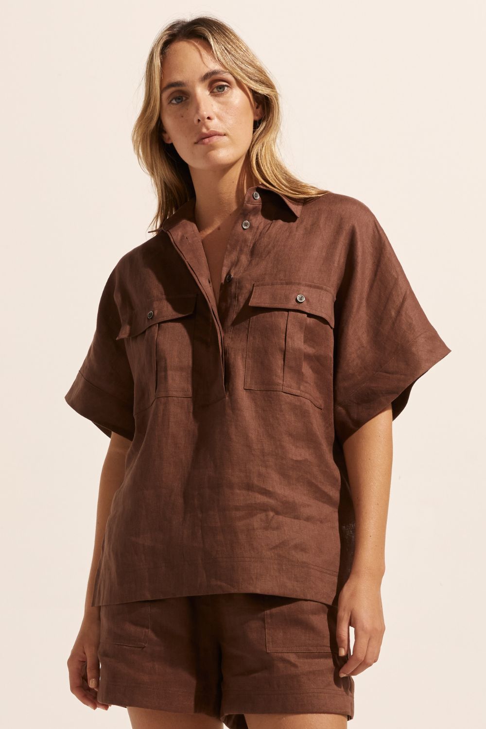 brown, shirt, oversized pockets, short sleeve, linen,  front view