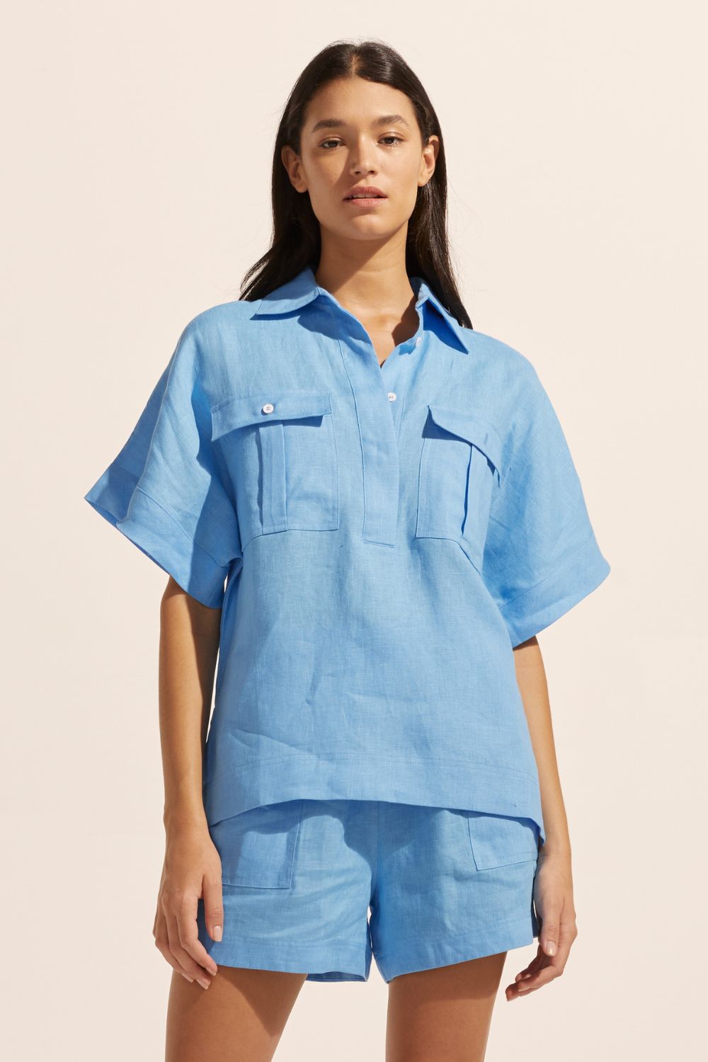 blue, shirt, oversized pockets, short sleeve, linen,  front view