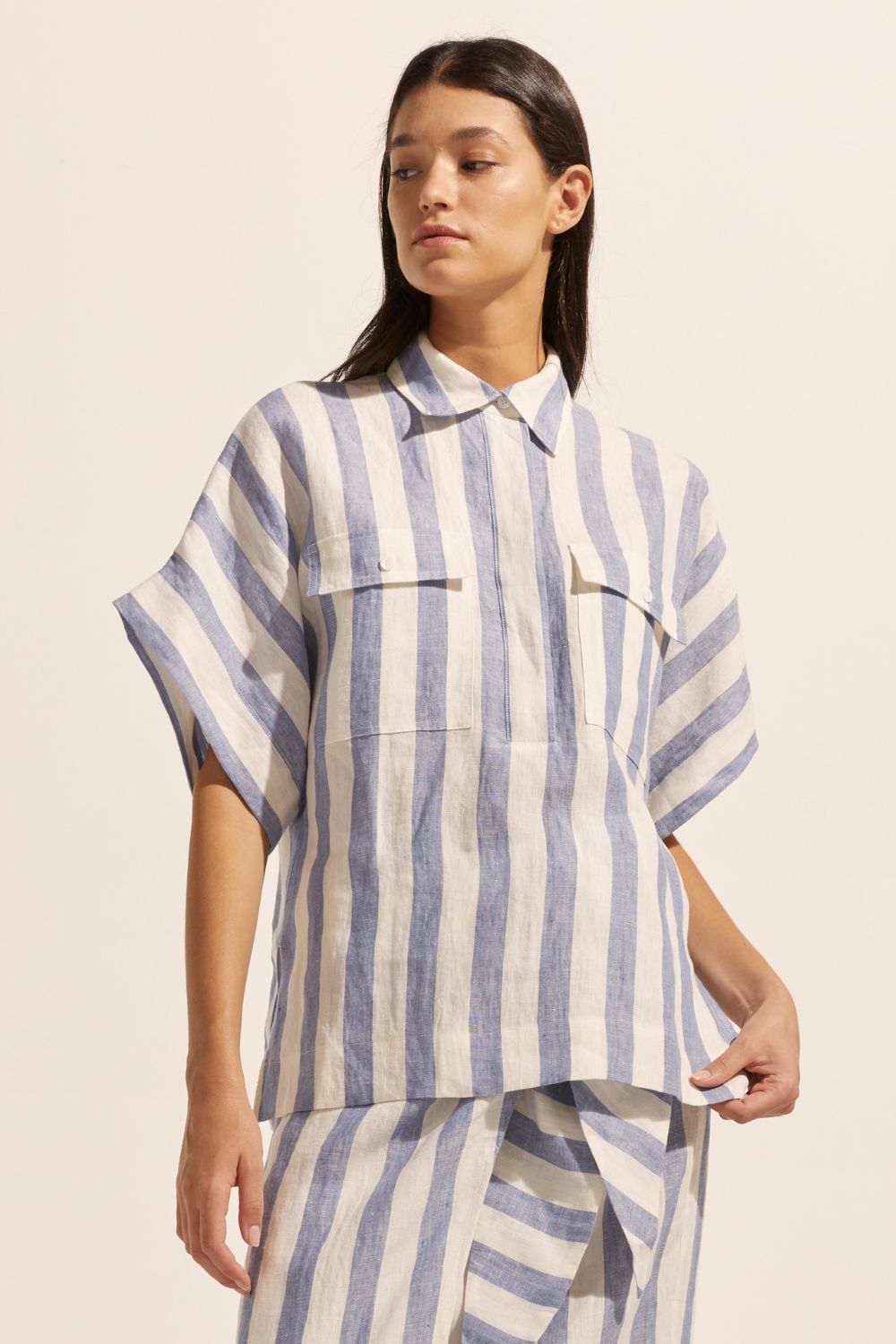 blue and white stripe, shirt, oversized pockets, short sleeve, linen, front view