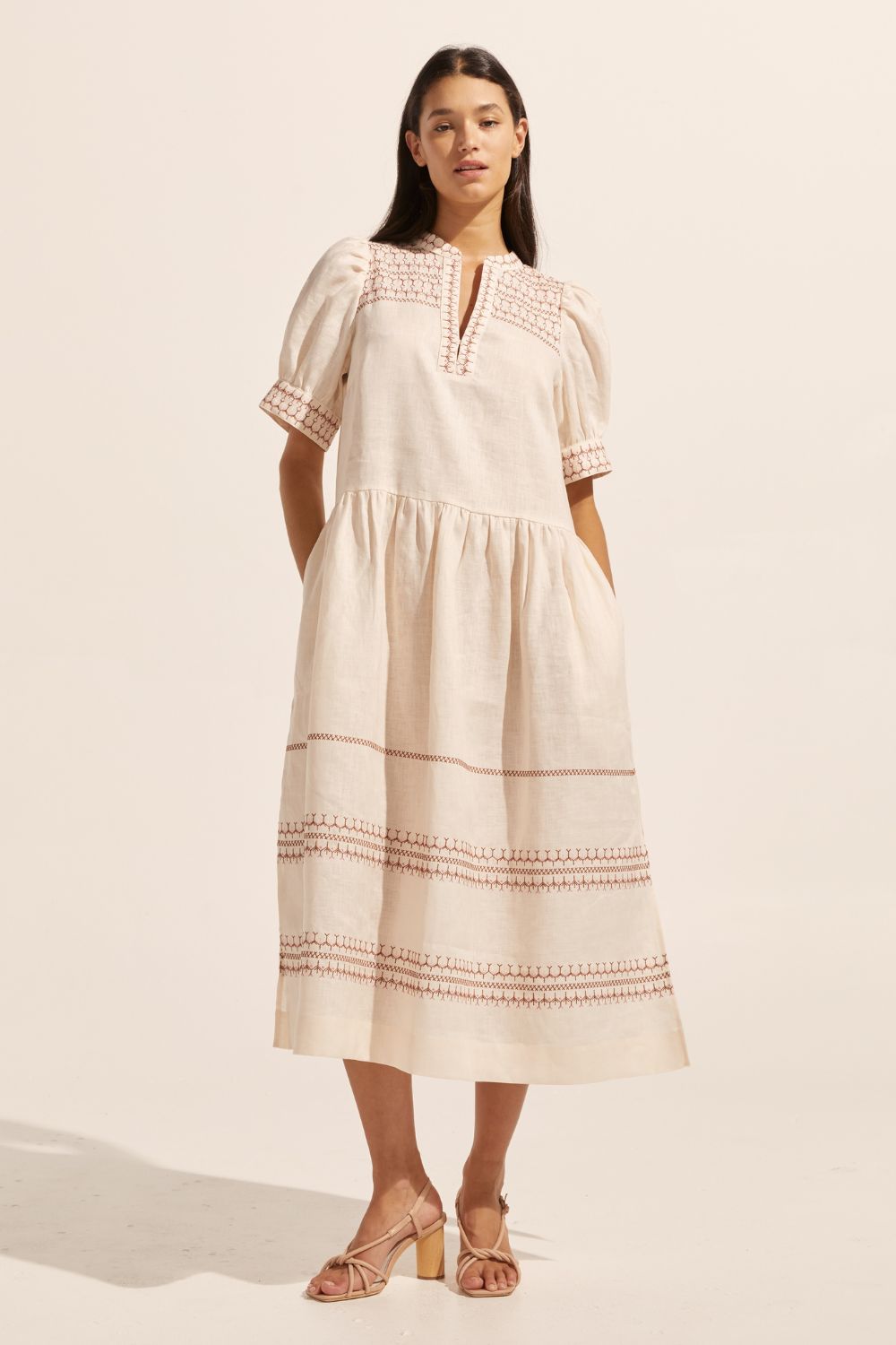 cream, embroidered, midi dress, mid-length sleeve, rounded neckline, side pockets, drop waist, side splits, front image