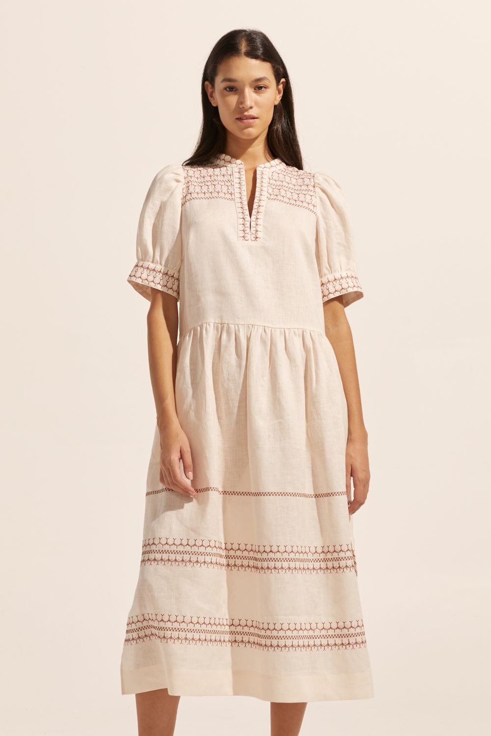 cream, embroidered, midi dress, mid-length sleeve, rounded neckline, side pockets, drop waist, side splits, front image