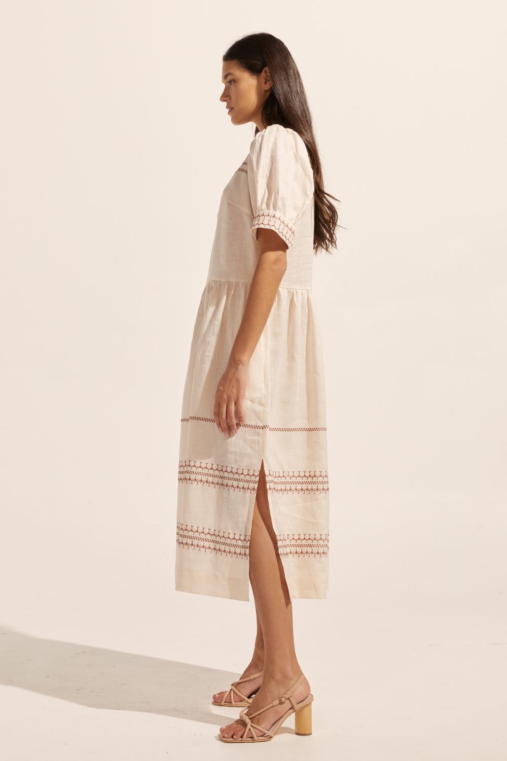 cream, embroidered, midi dress, mid-length sleeve, rounded neckline, side pockets, drop waist, side splits, side image