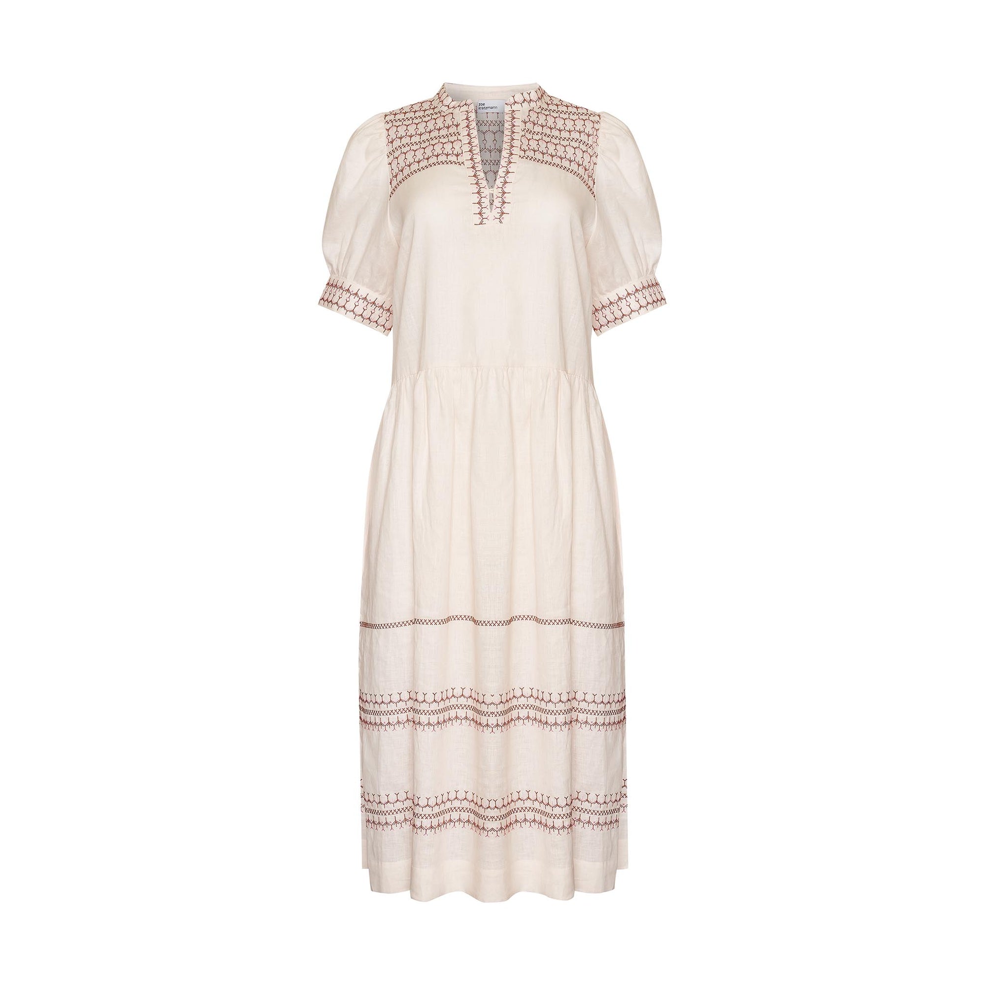 cream, embroidered, midi dress, mid-length sleeve, rounded neckline, side pockets, drop waist, side splits, product image
