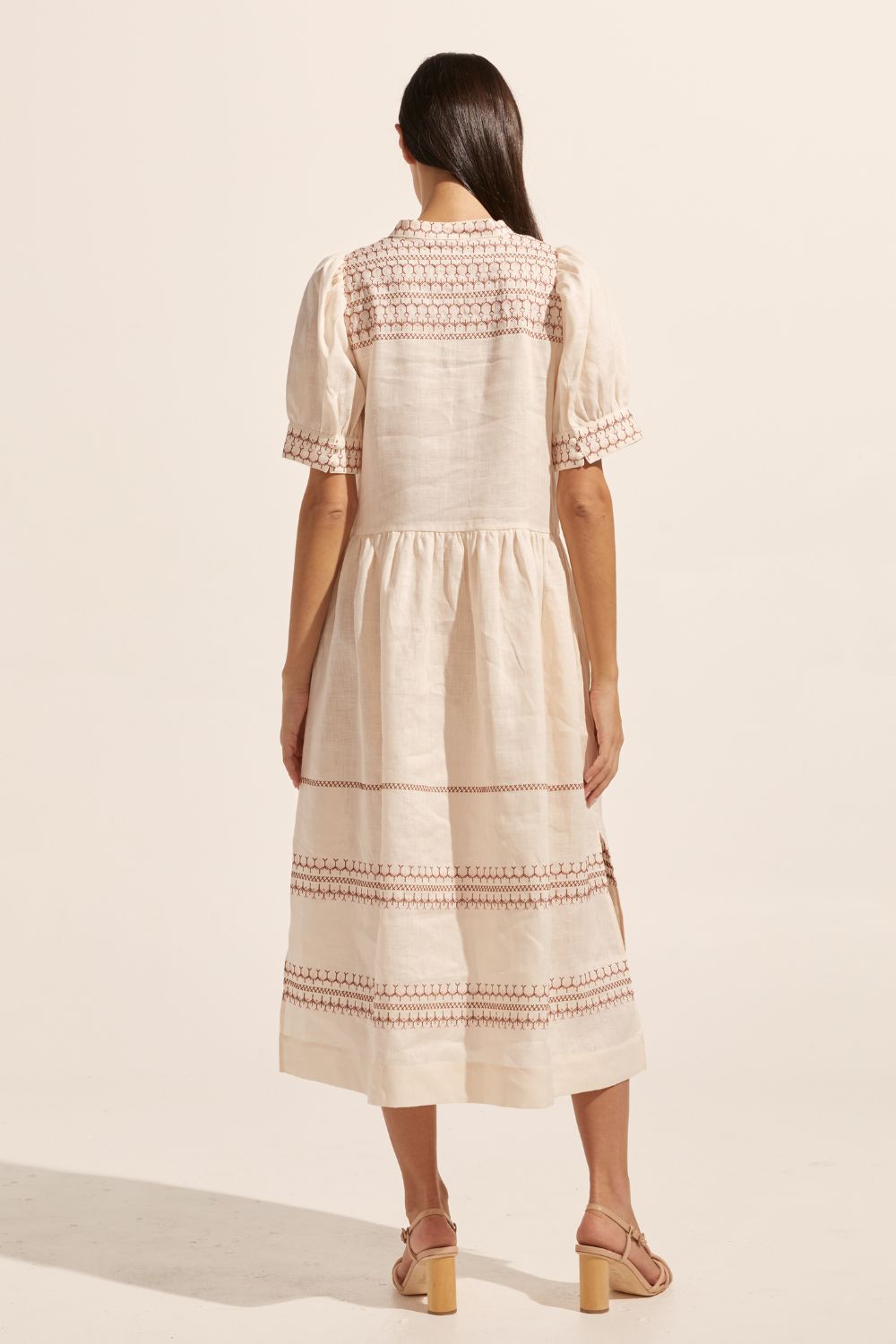 cream, embroidered, midi dress, mid-length sleeve, rounded neckline, side pockets, drop waist, side splits, back image