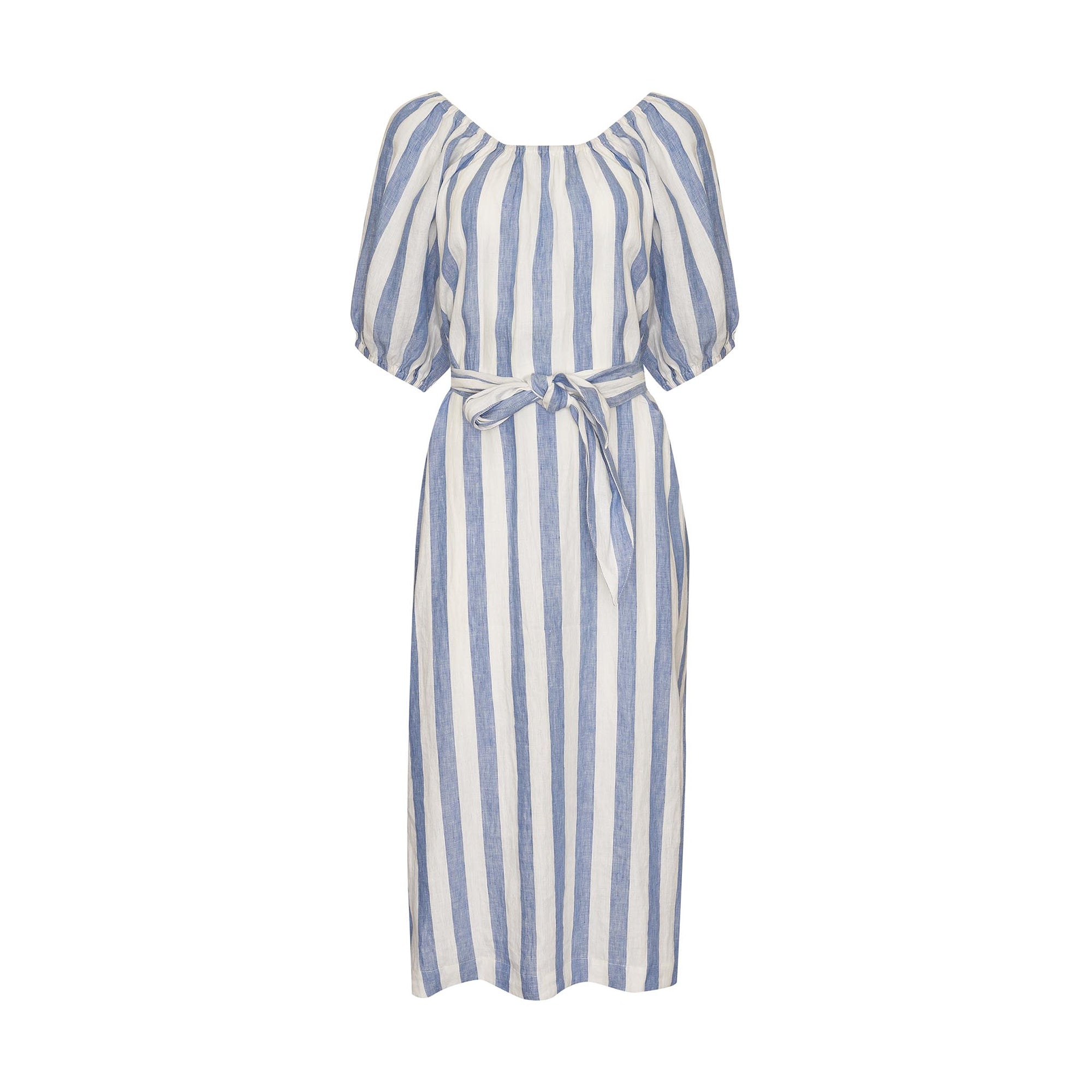 blue and white stripe, midi dress, self tie fabric belt, side splits, product image, elasticated neckline