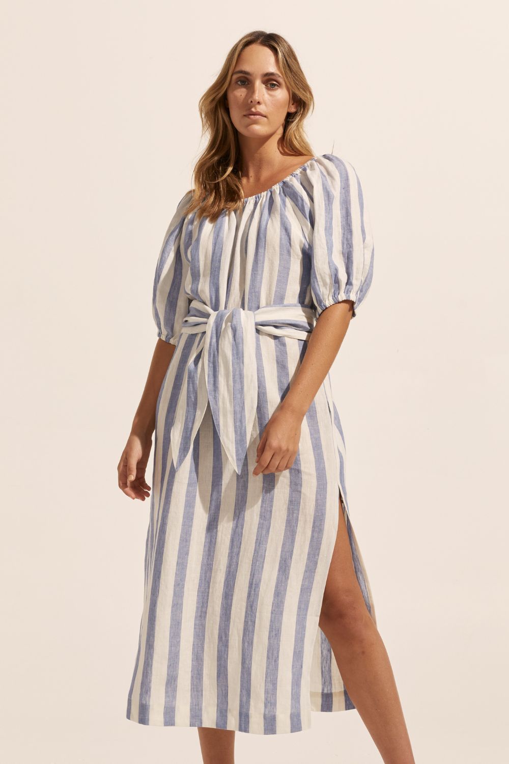 blue and white stripe, midi dress, self tie fabric belt, side splits, front image, elasticated neckline
