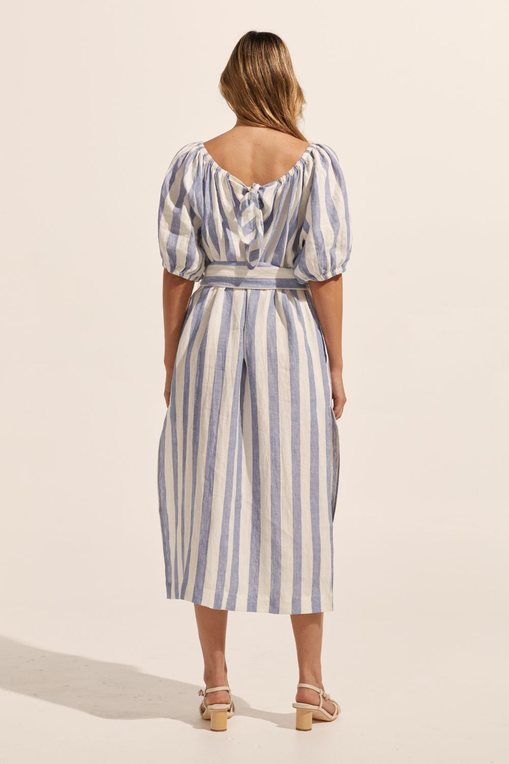 blue and white stripe, midi dress, self tie fabric belt, side splits, back image, elasticated neckline