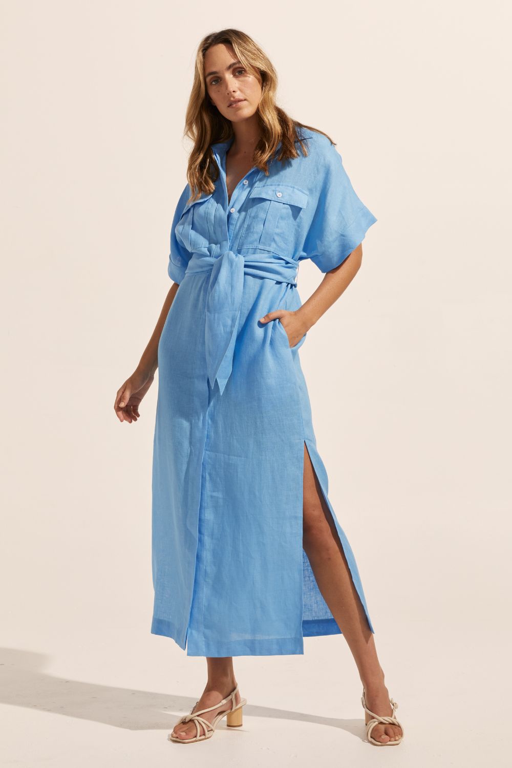 blue, dress, midi dress, side splits, oversized patch pockets, self tie fabric belt, short sleeve, front image