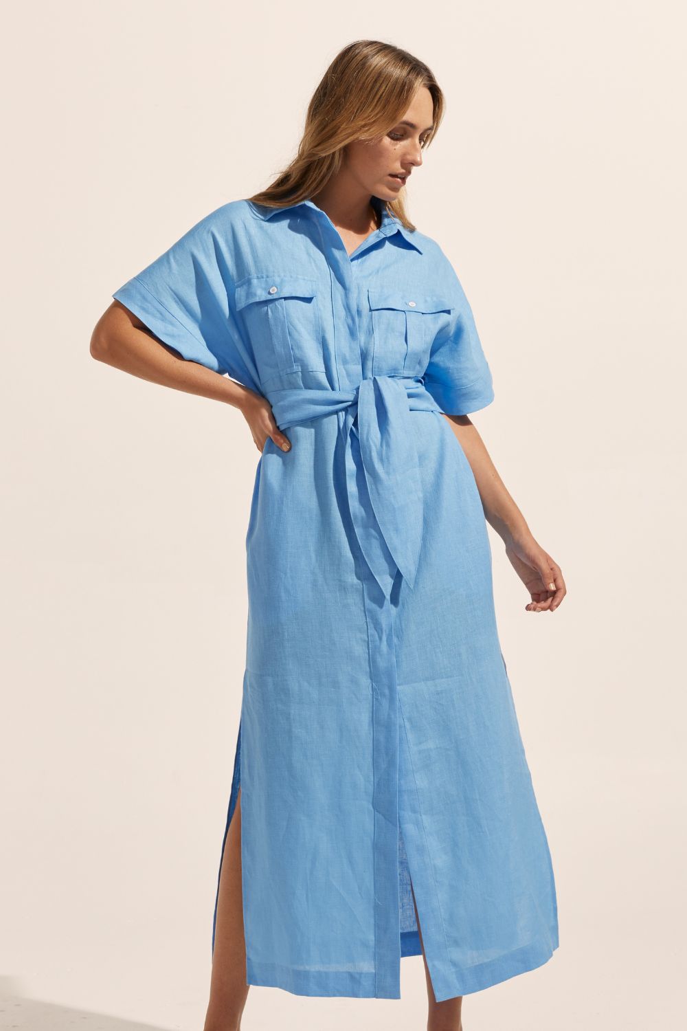 blue, dress, midi dress, side splits, oversized patch pockets, self tie fabric belt, short sleeve, front image