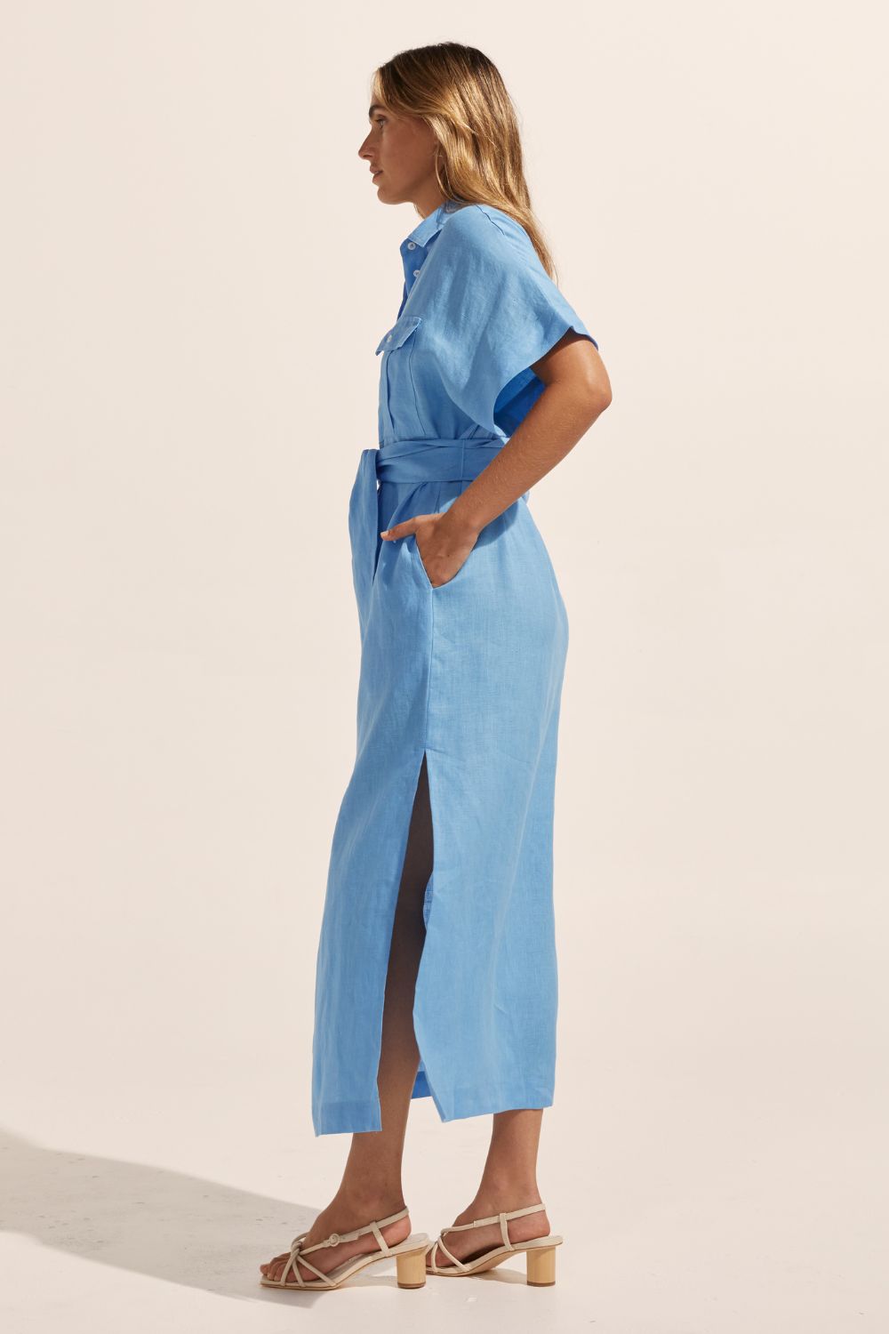 blue, dress, midi dress, side splits, oversized patch pockets, self tie fabric belt, short sleeve, side image