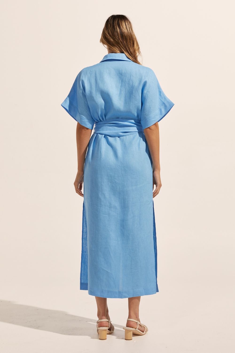 blue, dress, midi dress, side splits, oversized patch pockets, self tie fabric belt, short sleeve, back image