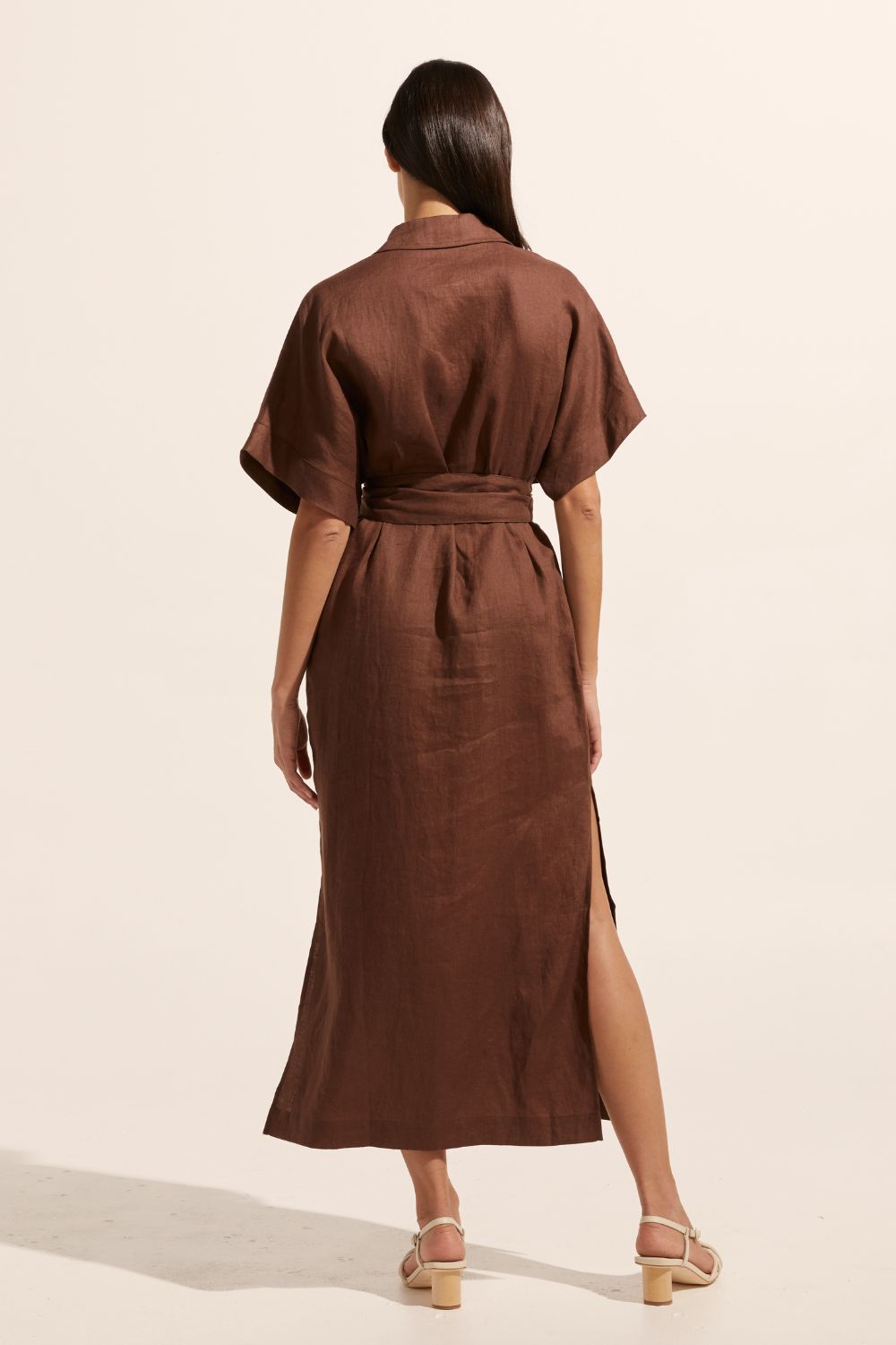 brown, dress, midi dress, side splits, oversized patch pockets, self tie fabric belt, short sleeve, back image
