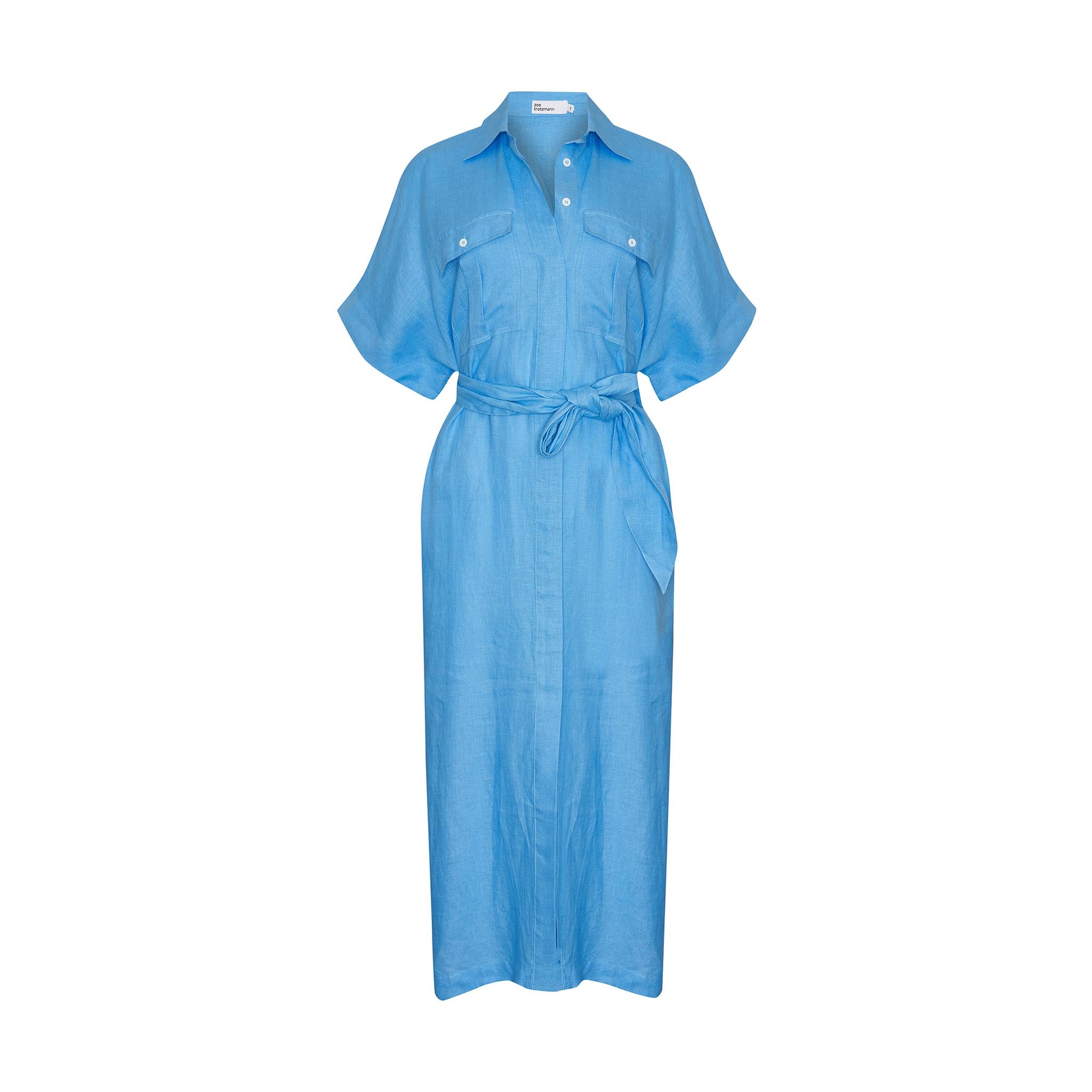 blue, dress, midi dress, side splits, oversized patch pockets, self tie fabric belt, short sleeve, product image