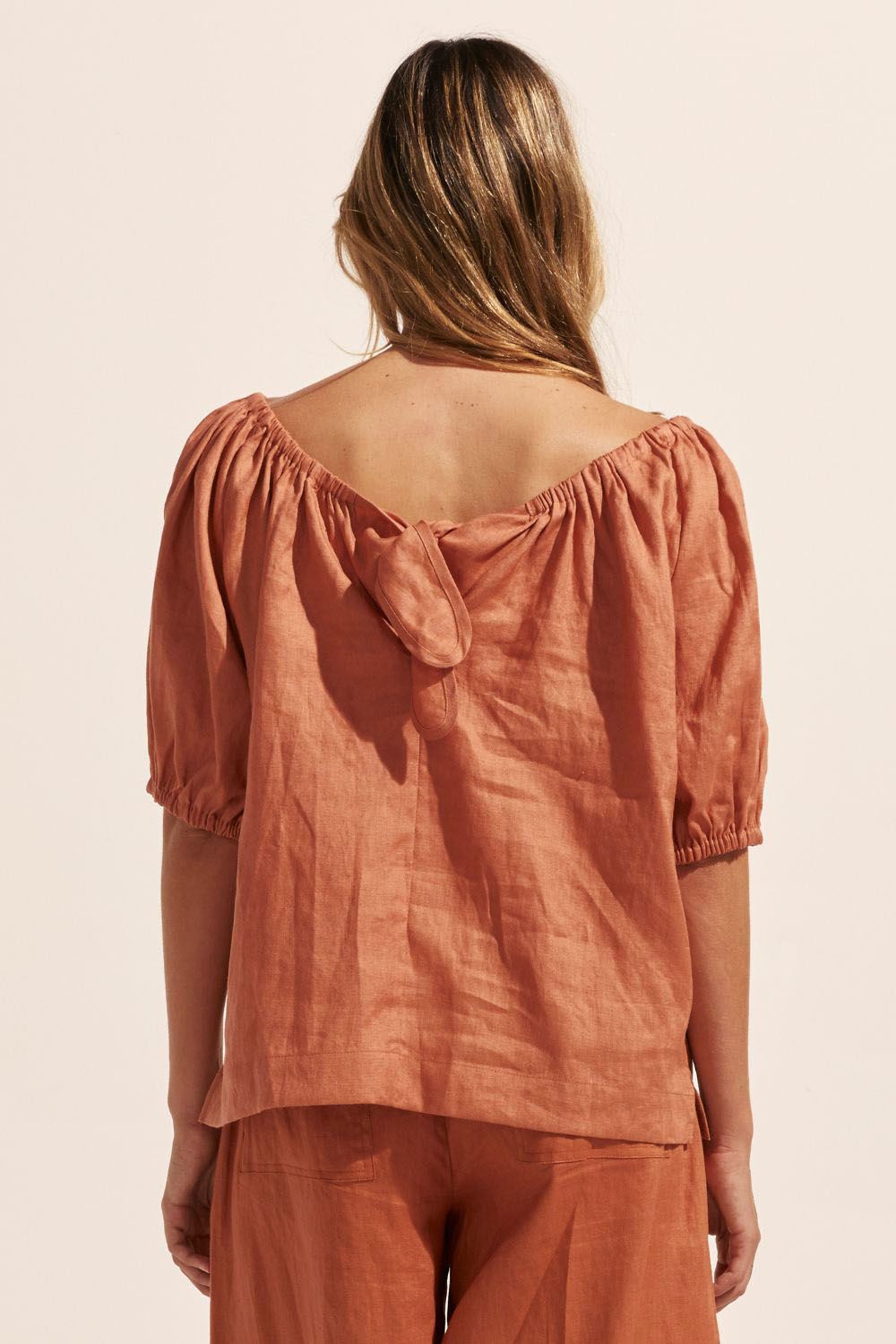 ginger, top, off-the-shoulder, mid-length sleeve, small side splits, elasticated sleeve cuff, tie at back, back image
