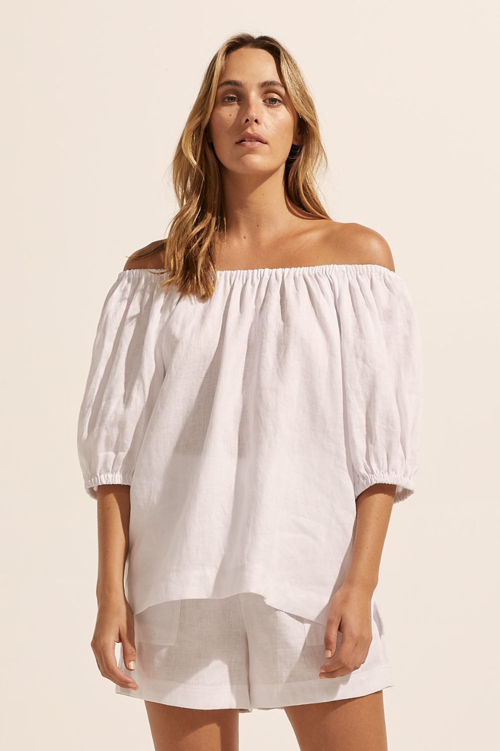 white, top, off-the-shoulder, mid-length sleeve, small side splits, elasticated sleeve cuff, tie at back, front image