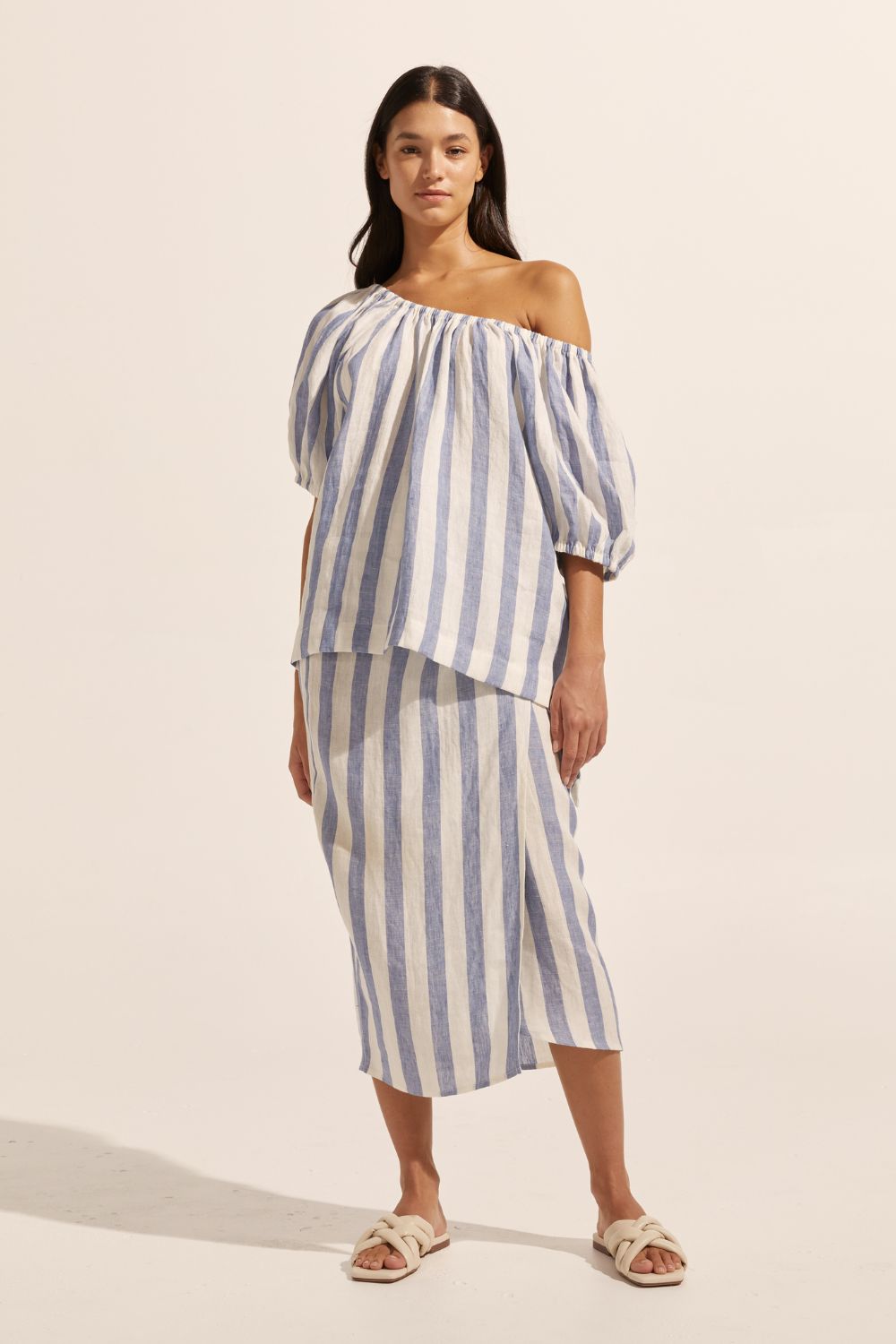 blue and white stripe, top, off the shoulder, mid length sleeve, front image