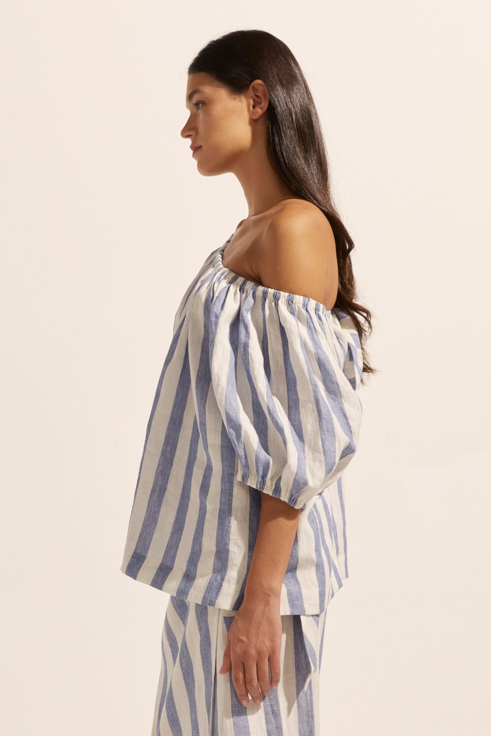 blue and white stripe, top, off the shoulder, mid length sleeve, side image