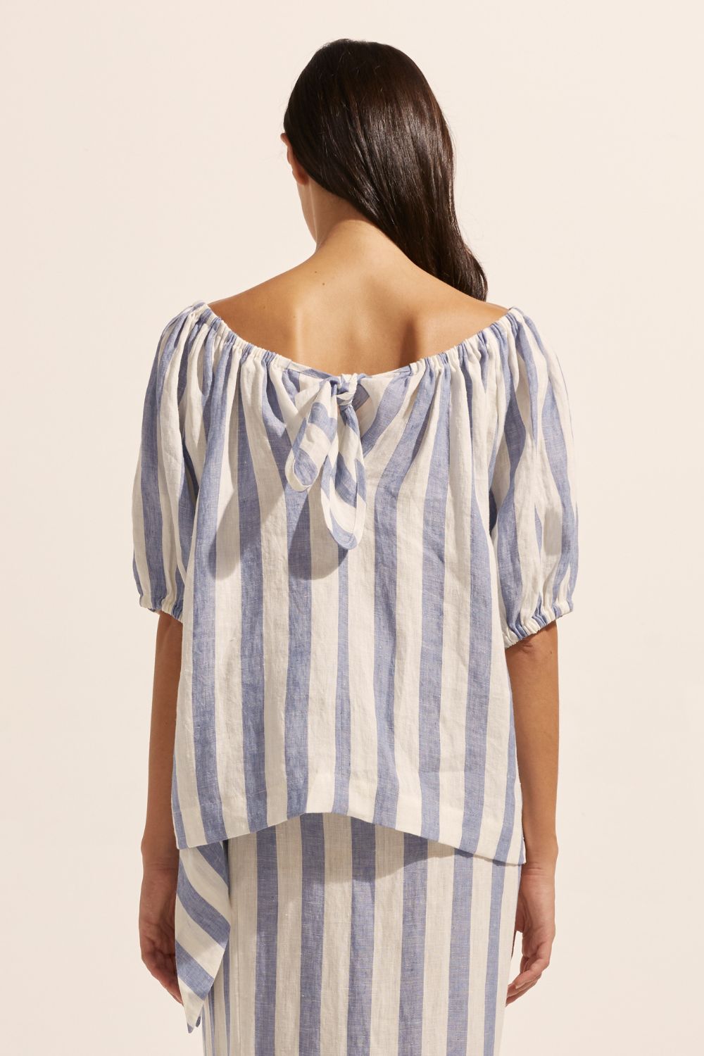 blue and white stripe, top, off the shoulder, mid length sleeve, back image
