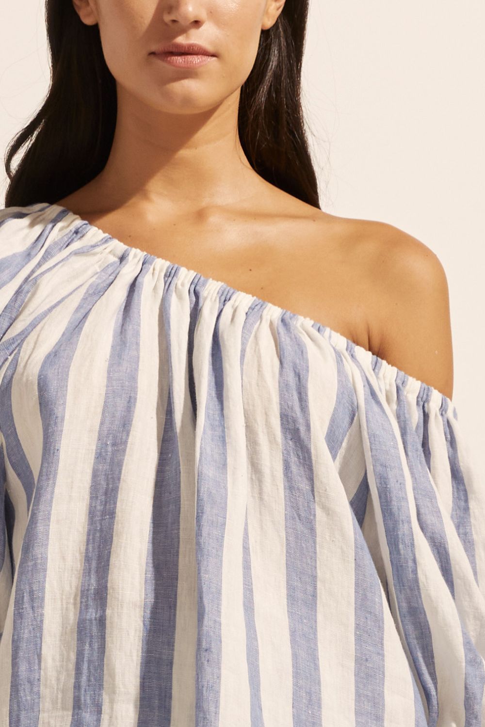 blue and white stripe, top, off the shoulder, mid length sleeve, close up image
