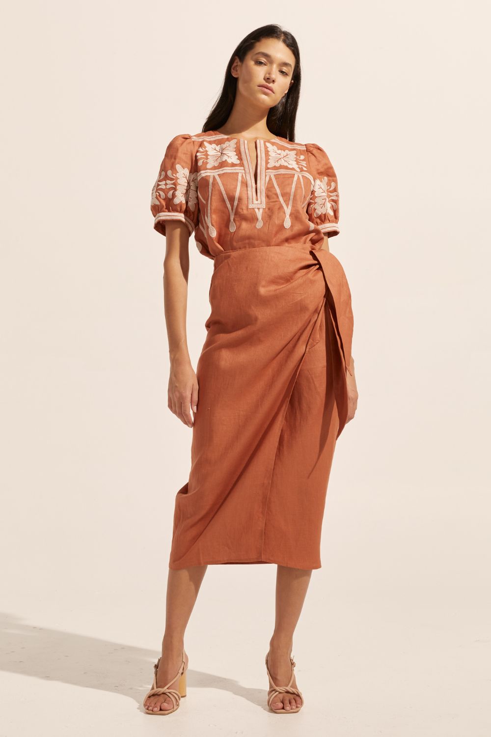 ginger, midi skirt, side tie, wrap skirt, internal button, front image