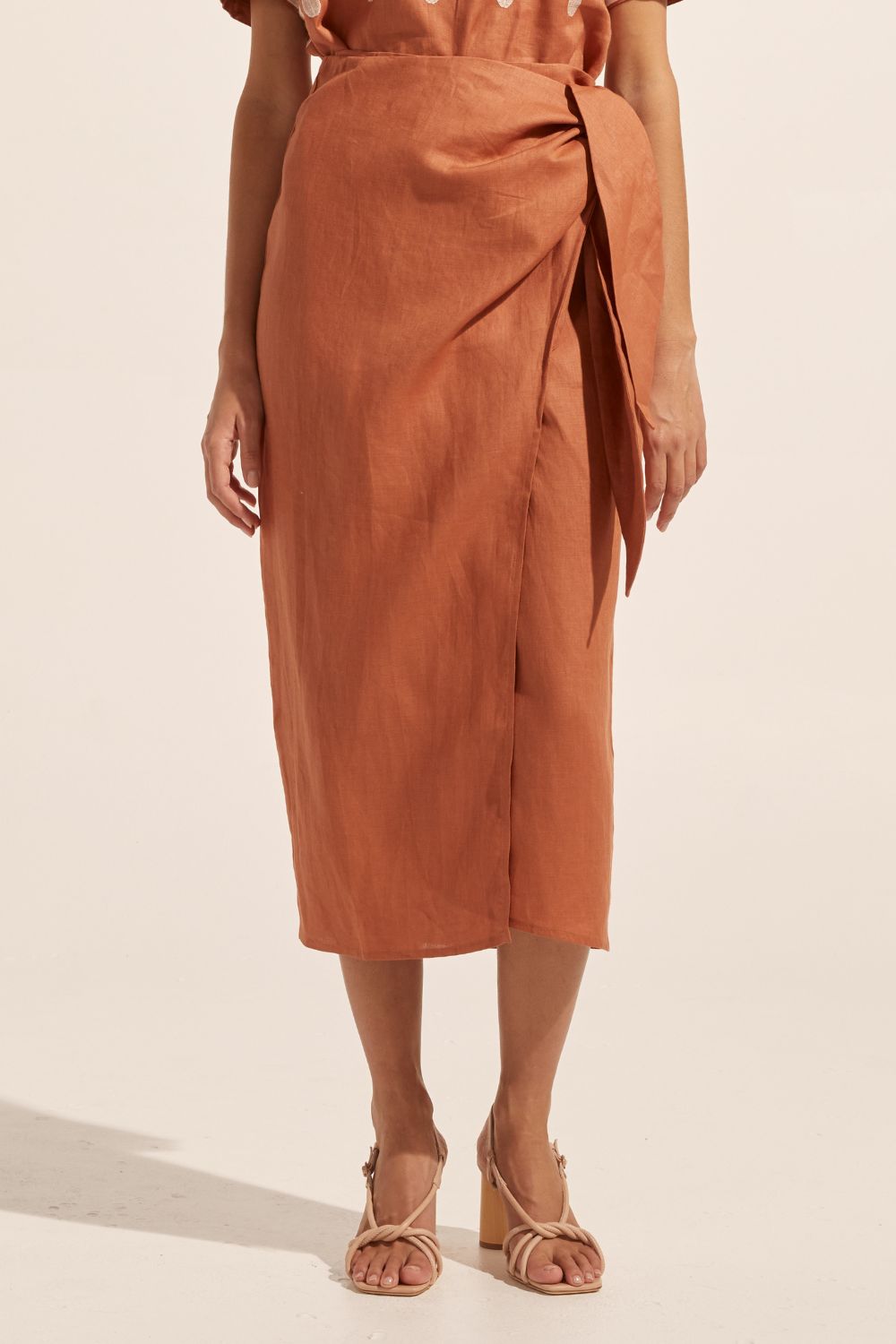 ginger, midi skirt, side tie, wrap skirt, internal button, front image