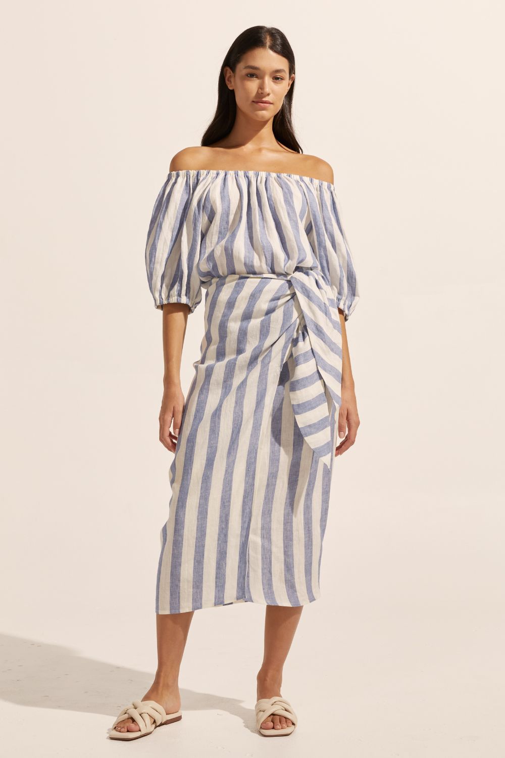 blue and white stripe, midi skirt, side tie, skirt, front view