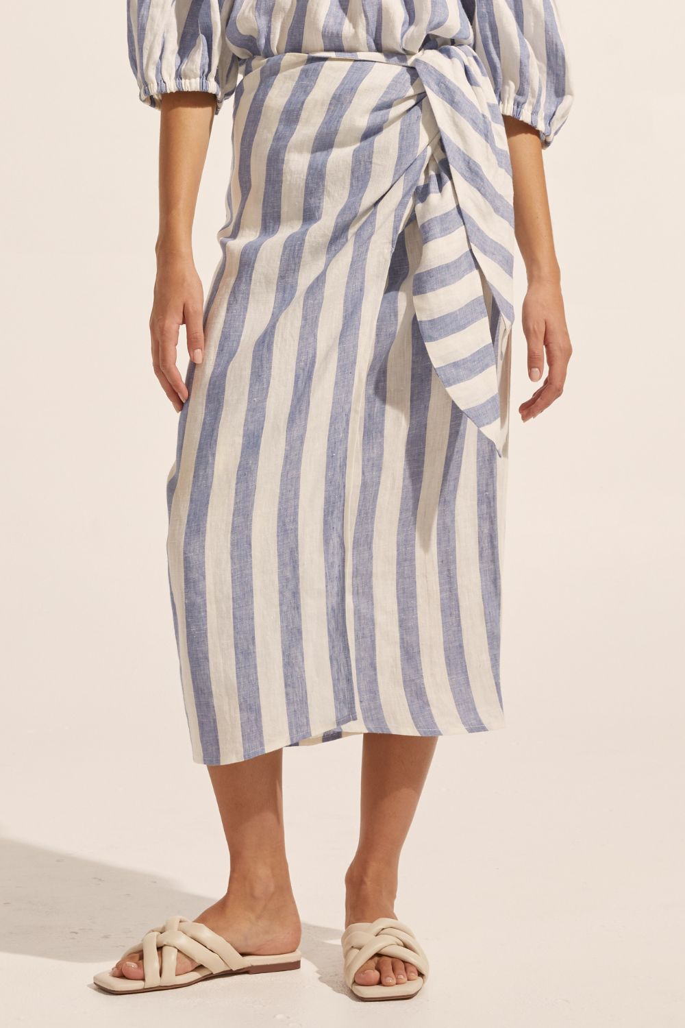 blue and white stripe, midi skirt, side tie, skirt, front view