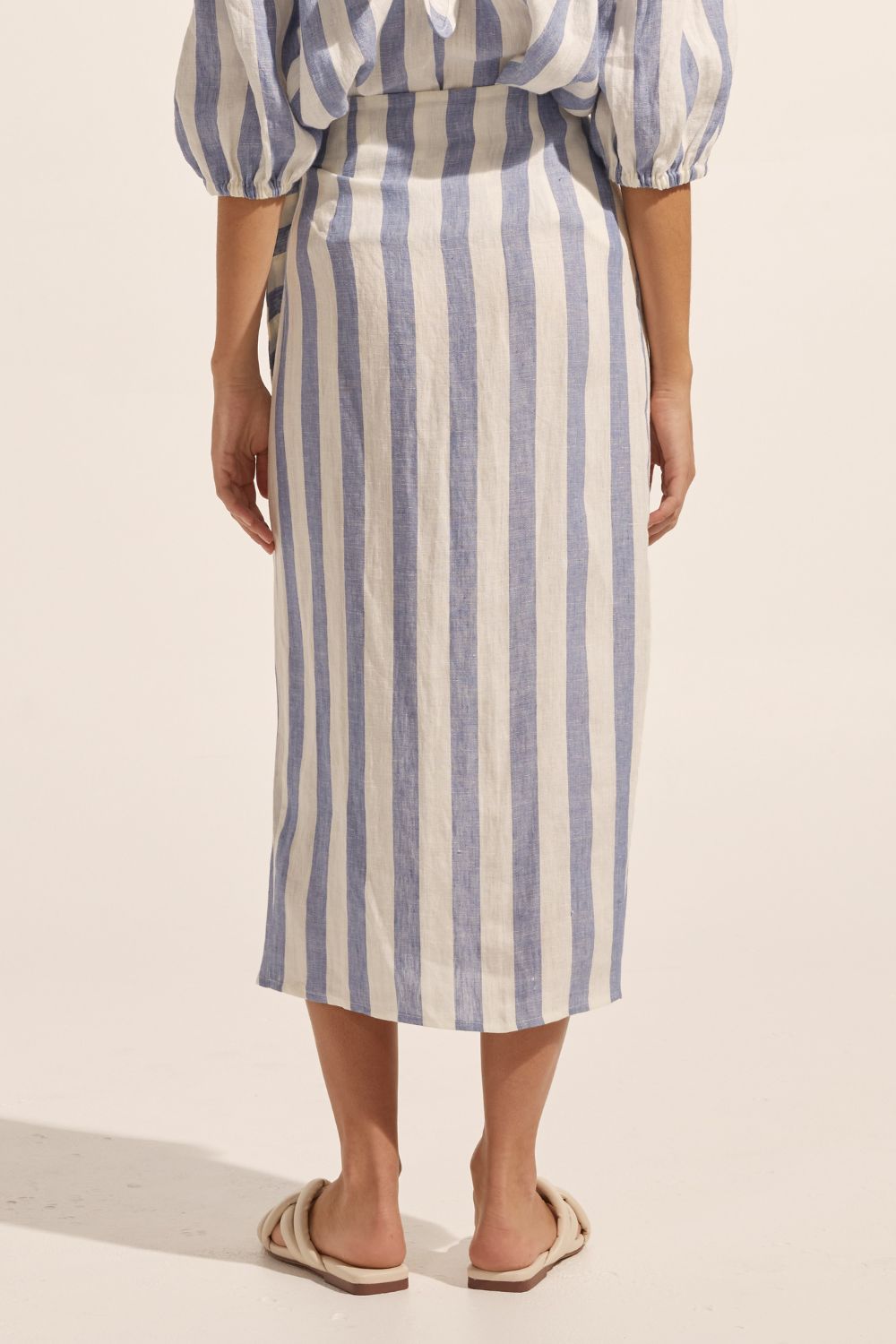 blue and white stripe, midi skirt, side tie, skirt, back view