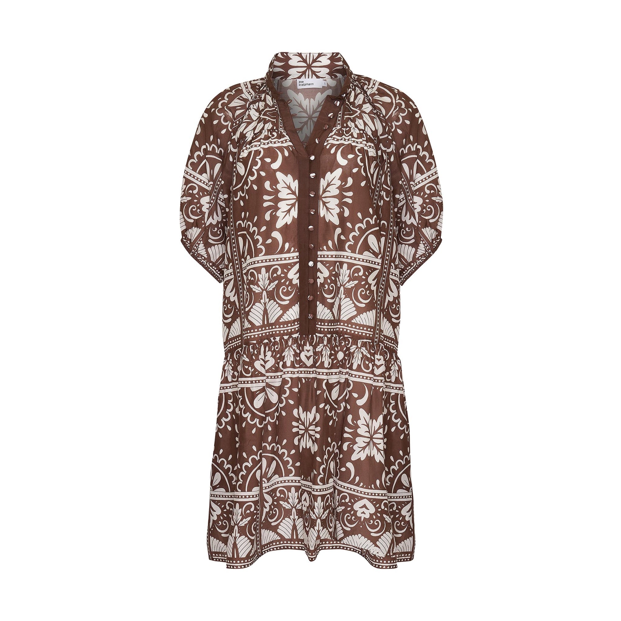 brown and white print, high neck, buttons to waist, mid length sleeve, dress, drop waist, product image