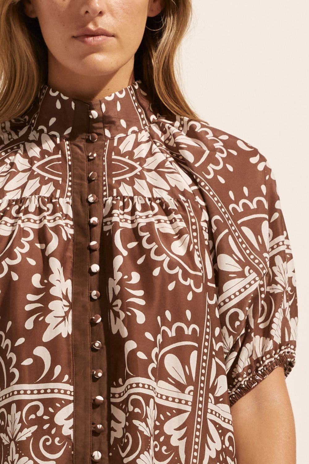 brown and white print, high neck, buttons to waist, mid length sleeve, dress, drop waist, close up image