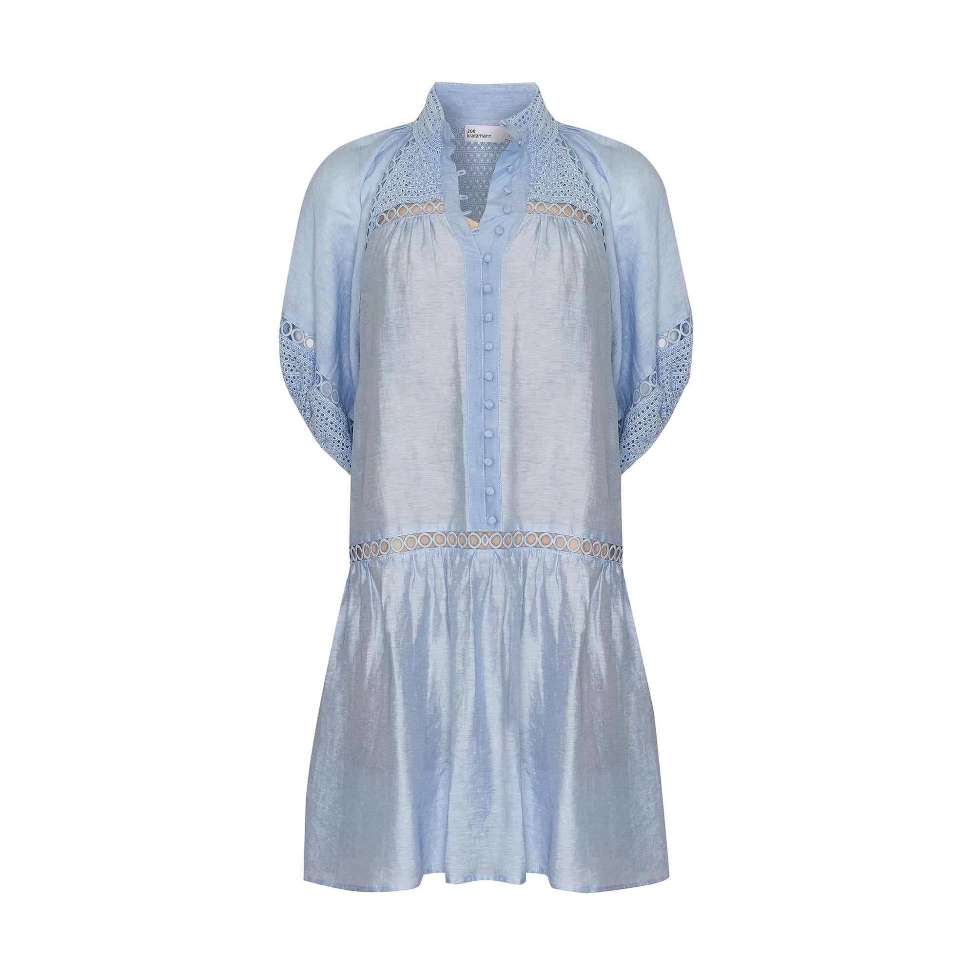 blue, high neck, covered buttons, circular lace detailing, drop waist, mid-length sleeve, mini dress, product image