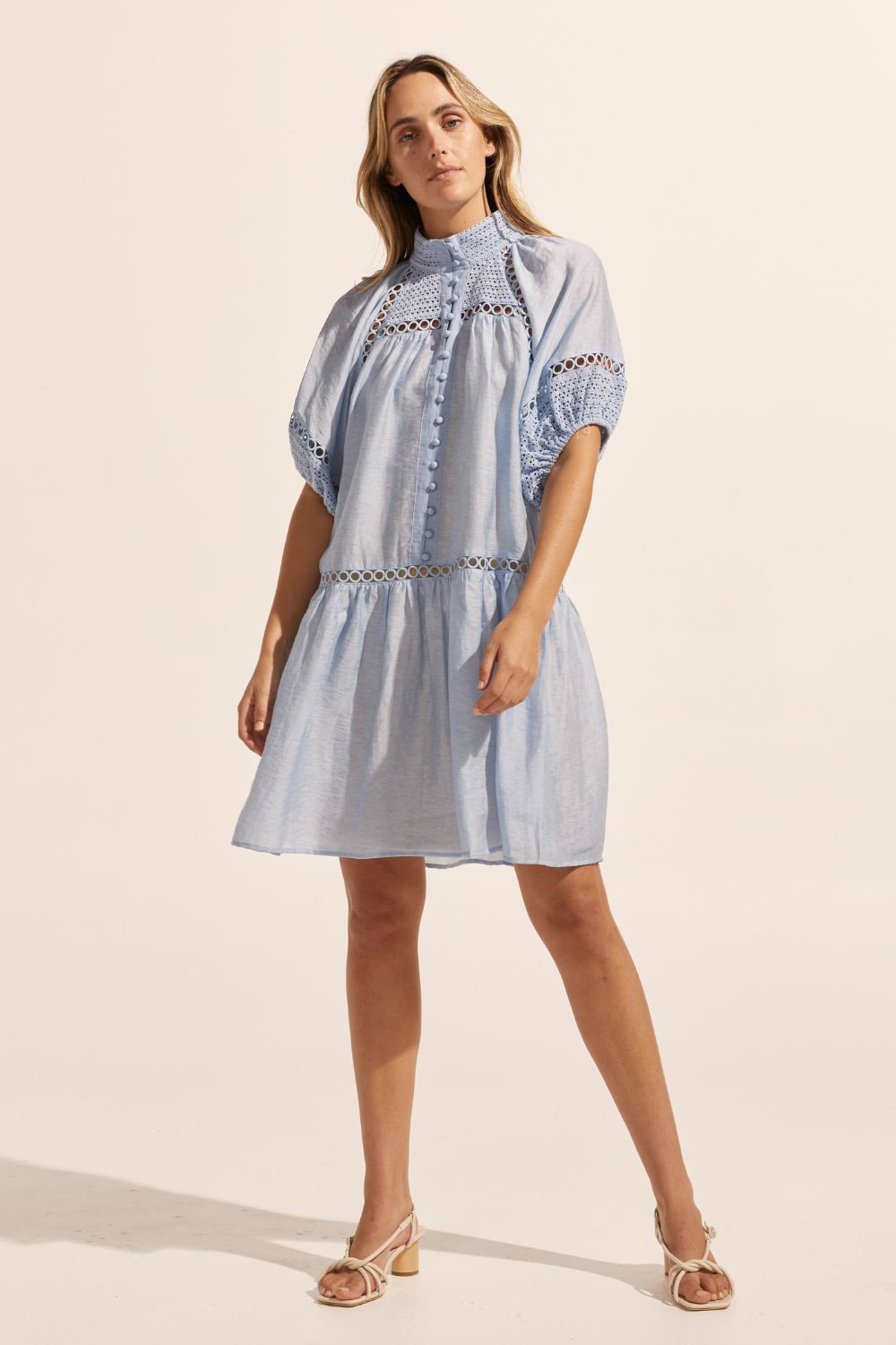 blue, high neck, covered buttons, circular lace detailing, drop waist, mid-length sleeve, mini dress, front image