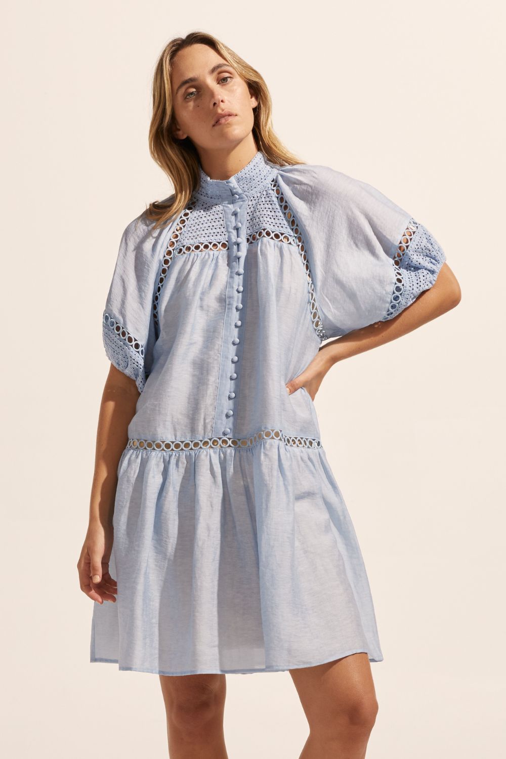 blue, high neck, covered buttons, circular lace detailing, drop waist, mid-length sleeve, mini dress, front image