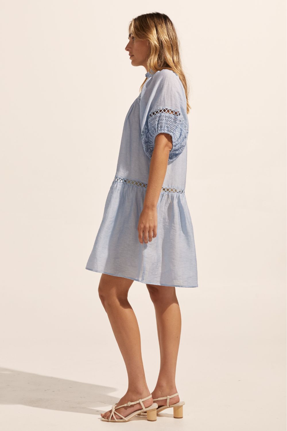 blue, high neck, covered buttons, circular lace detailing, drop waist, mid-length sleeve, mini dress, side image