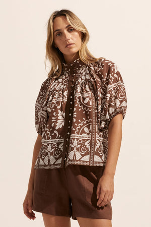 brown and white print, top, high neck, button down, mid length sleeve, front image