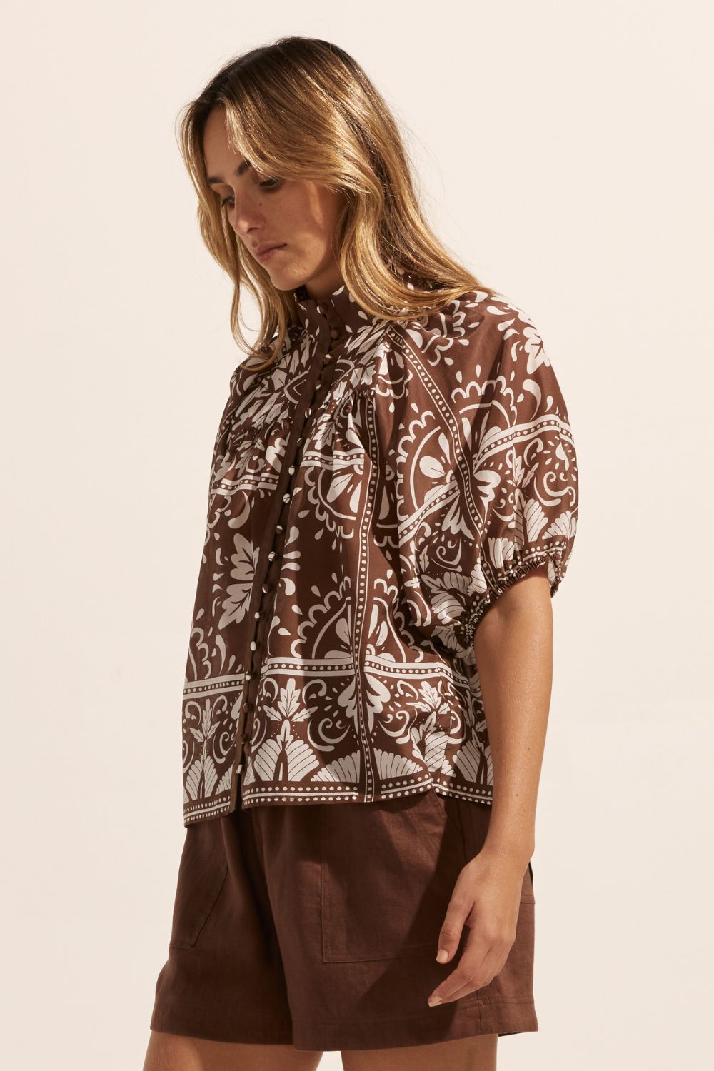 brown and white print, top, high neck, button down, mid length sleeve, side image