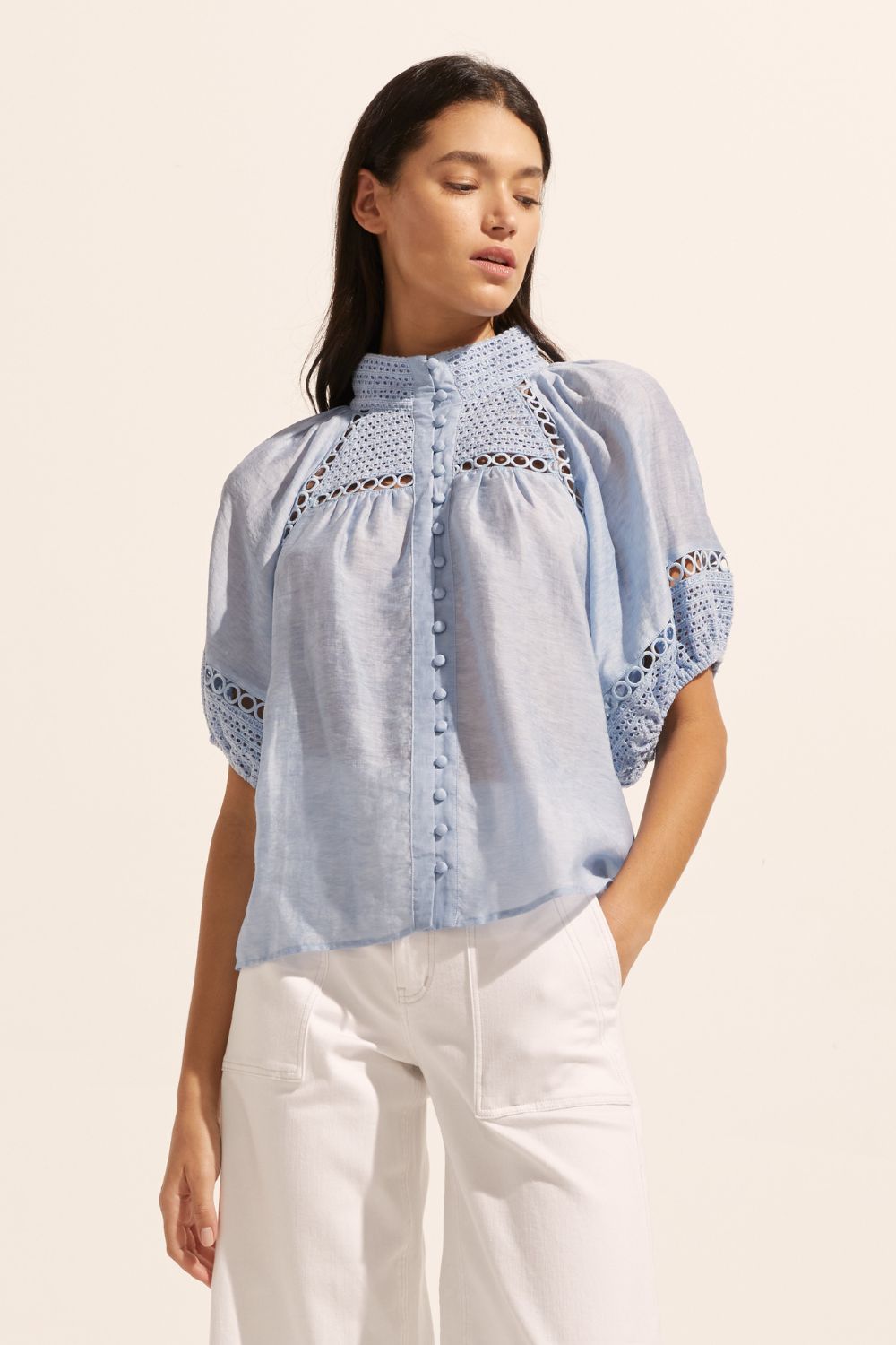 blue, top, high neck, mid-length sleeve, covered buttons, circular lace detailing, front image