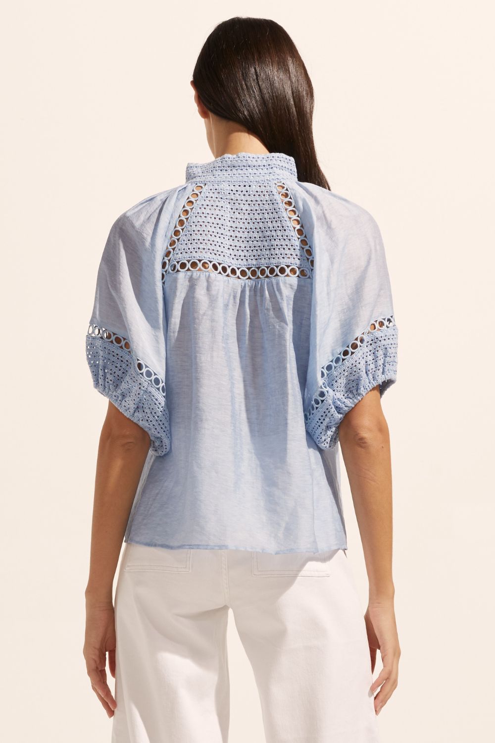 blue, top, high neck, mid-length sleeve, covered buttons, circular lace detailing, back image