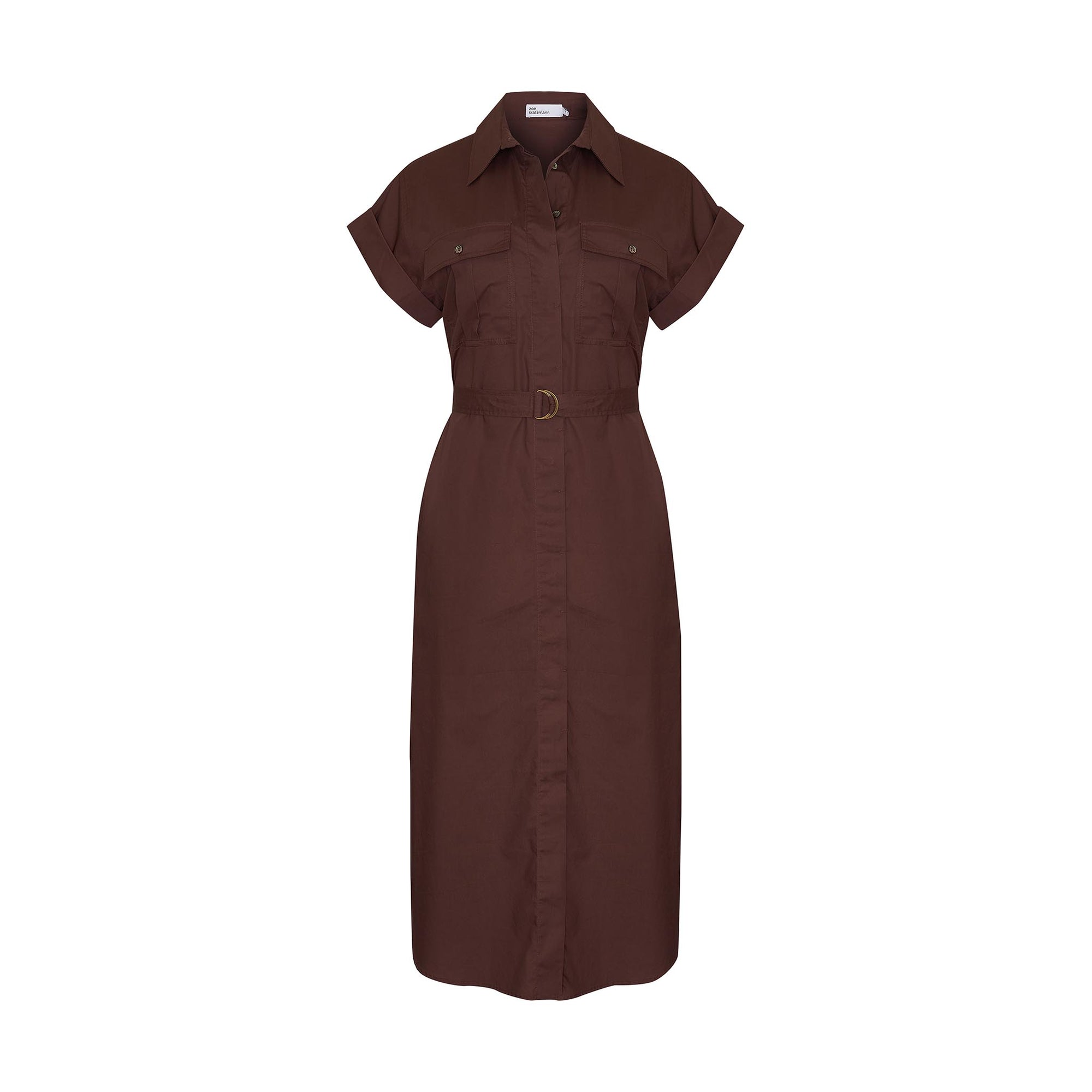 brown, midi dress, fabric belt, button down, cuffed short sleeve, collar, dress, side splits, product image