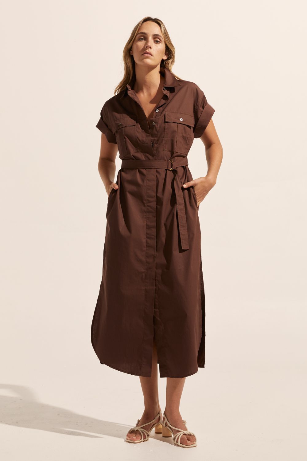 brown, midi dress, fabric belt, button down, cuffed short sleeve, collar, dress, side splits, front image